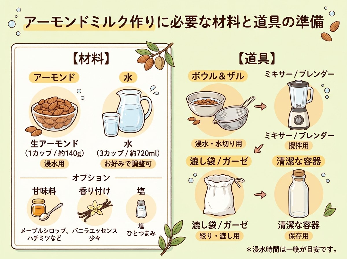 アーモンドミルク作りに必要な材料と道具の準備