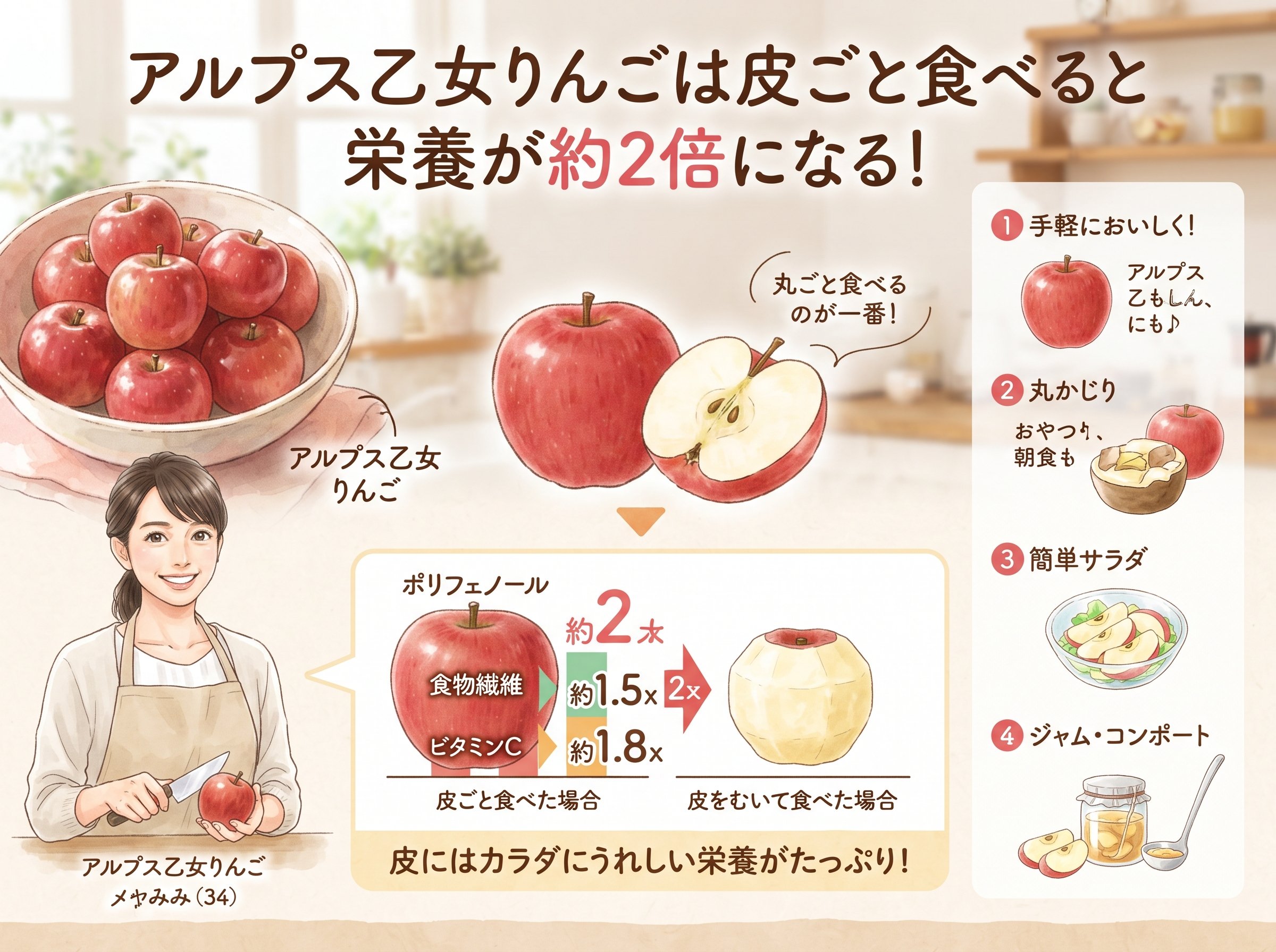 アルプス乙女りんごは皮ごと食べると栄養が約2倍になる