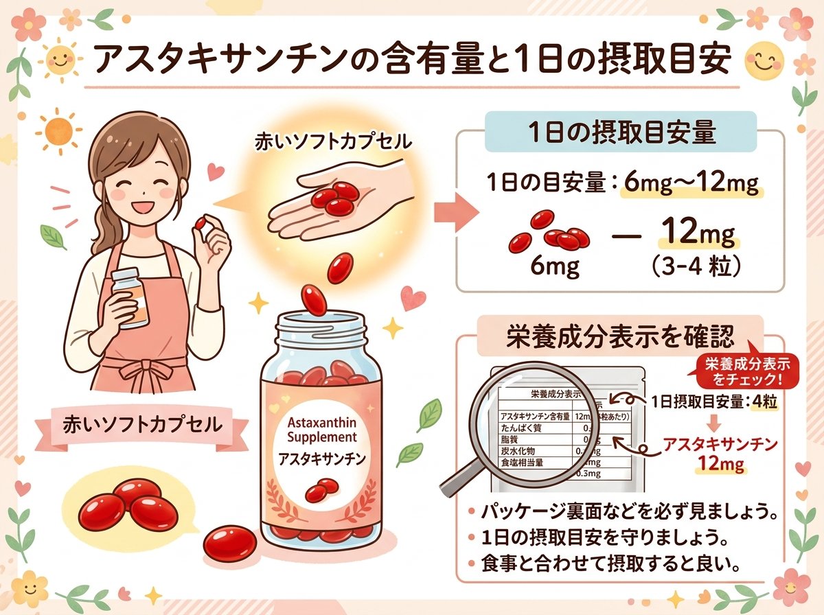 アスタキサンチンサプリの含有量と1日の摂取目安を確認する