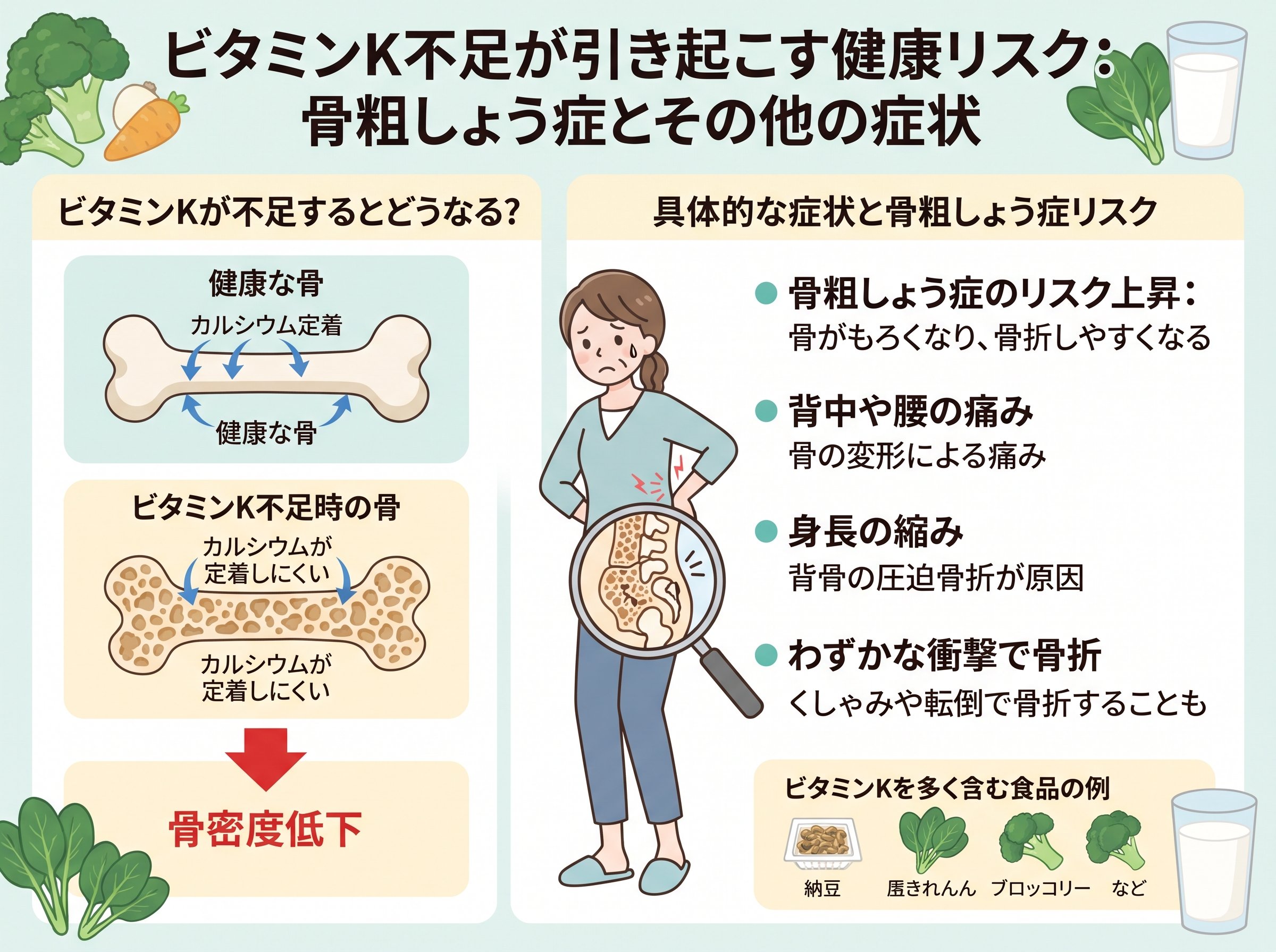 ビタミンK食品が不足するとどうなる?骨粗しょう症リスクと具体的な症状