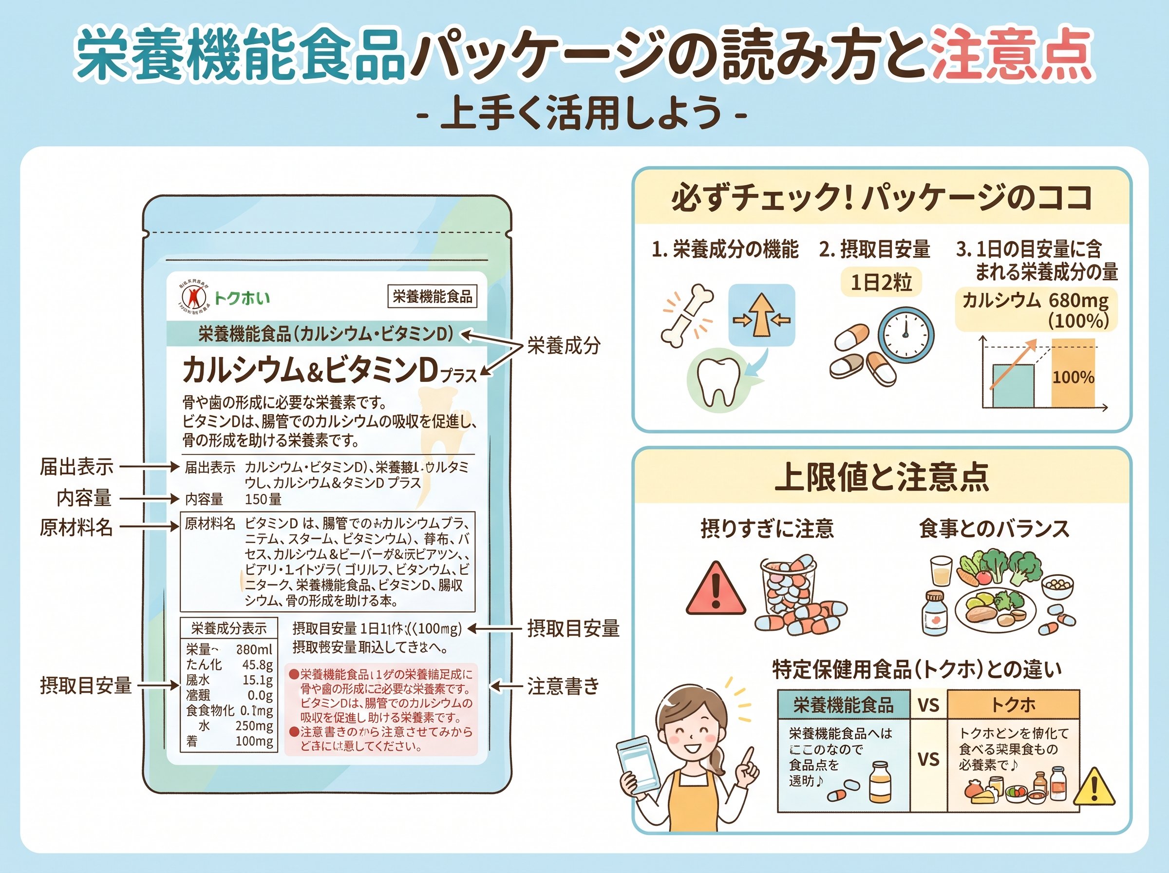 栄養機能食品のパッケージの読み方と上限値・注意事項