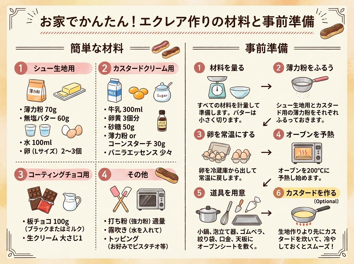 エクレア作り方の簡単な材料と事前準備