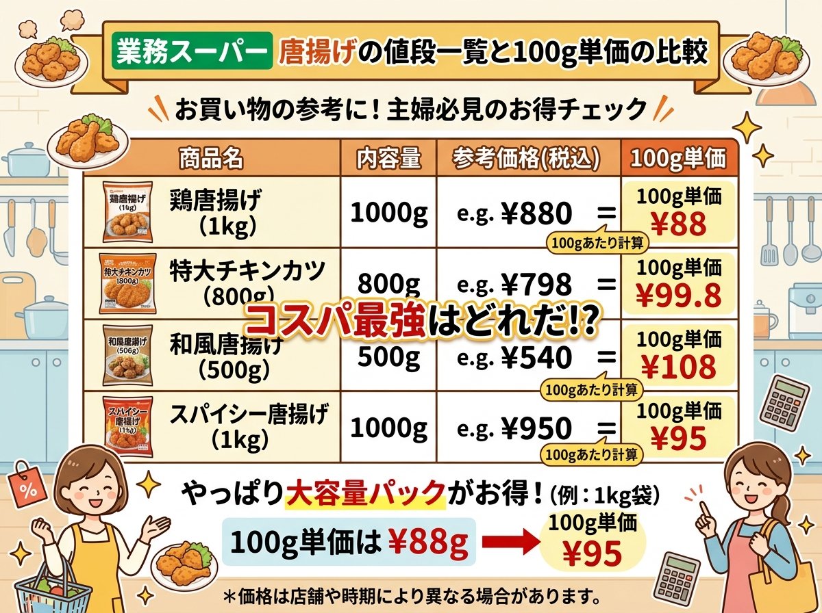 業務スーパー唐揚げの値段一覧と100g単価の比較