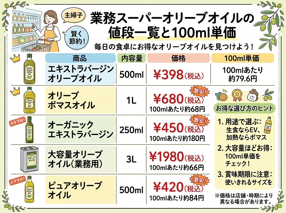業務スーパーオリーブオイルの値段一覧と100ml単価