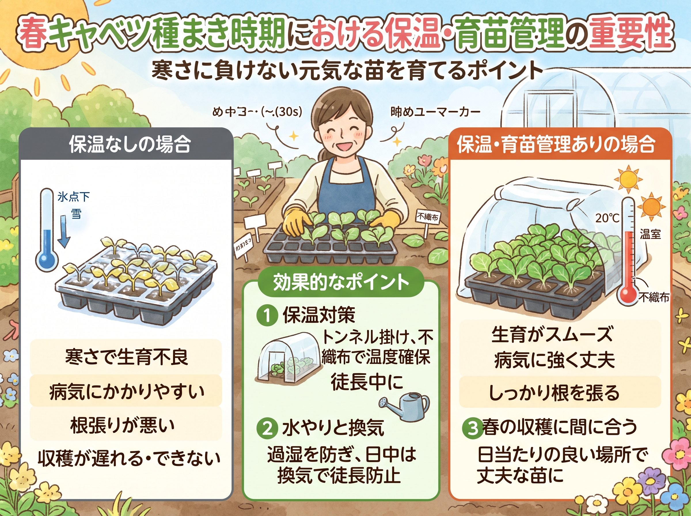 春キャベツ種まき時期における保温・育苗管理の重要性
