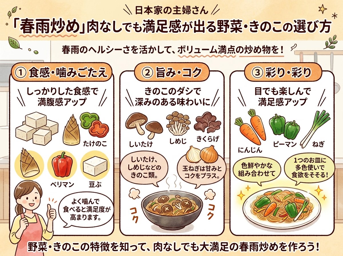 春雨炒め肉なしでも満足感が出る野菜・きのこの選び方