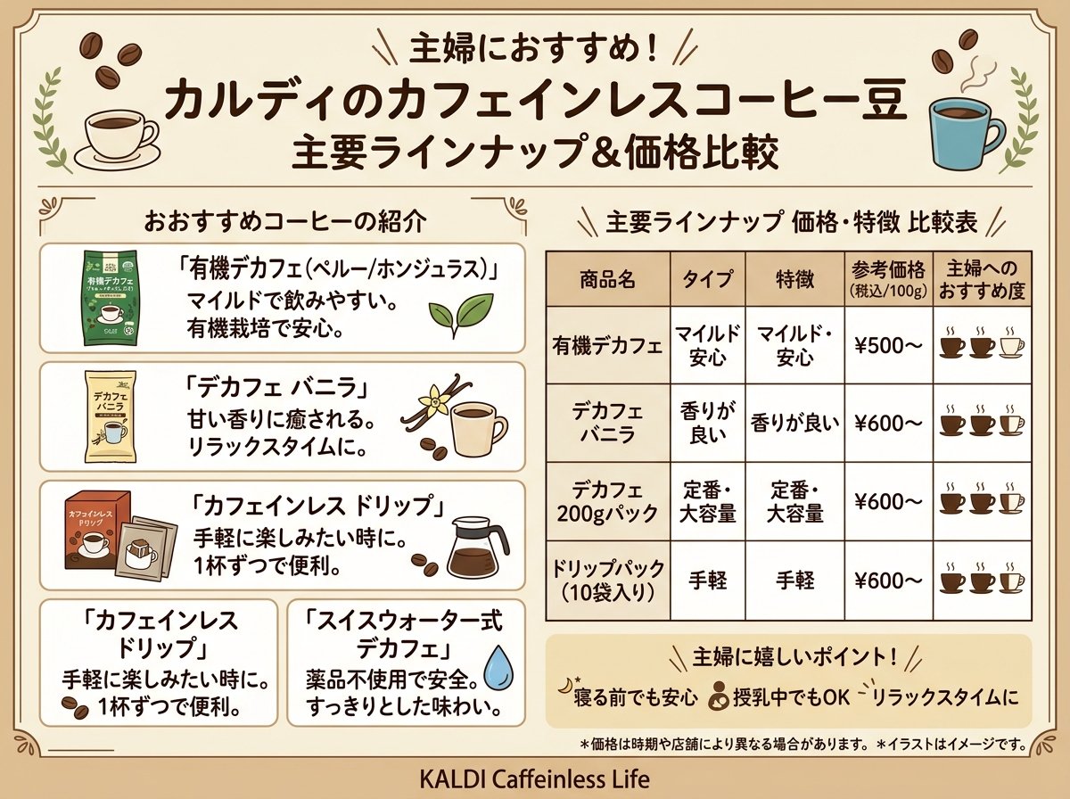 カフェインレスコーヒー豆カルディの主要ラインナップと価格比較