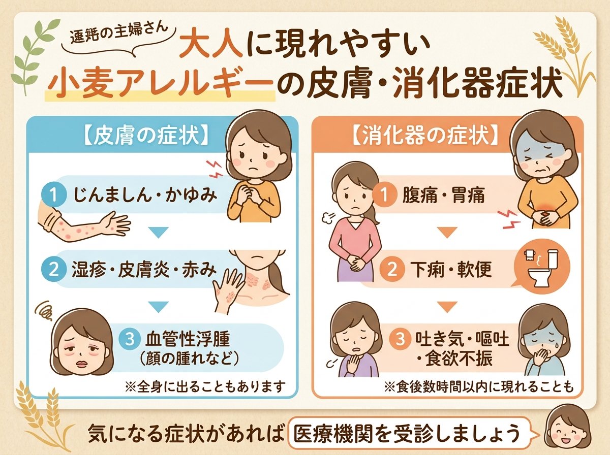 小麦アレルギーの症状として大人に現れやすい皮膚・消化器症状