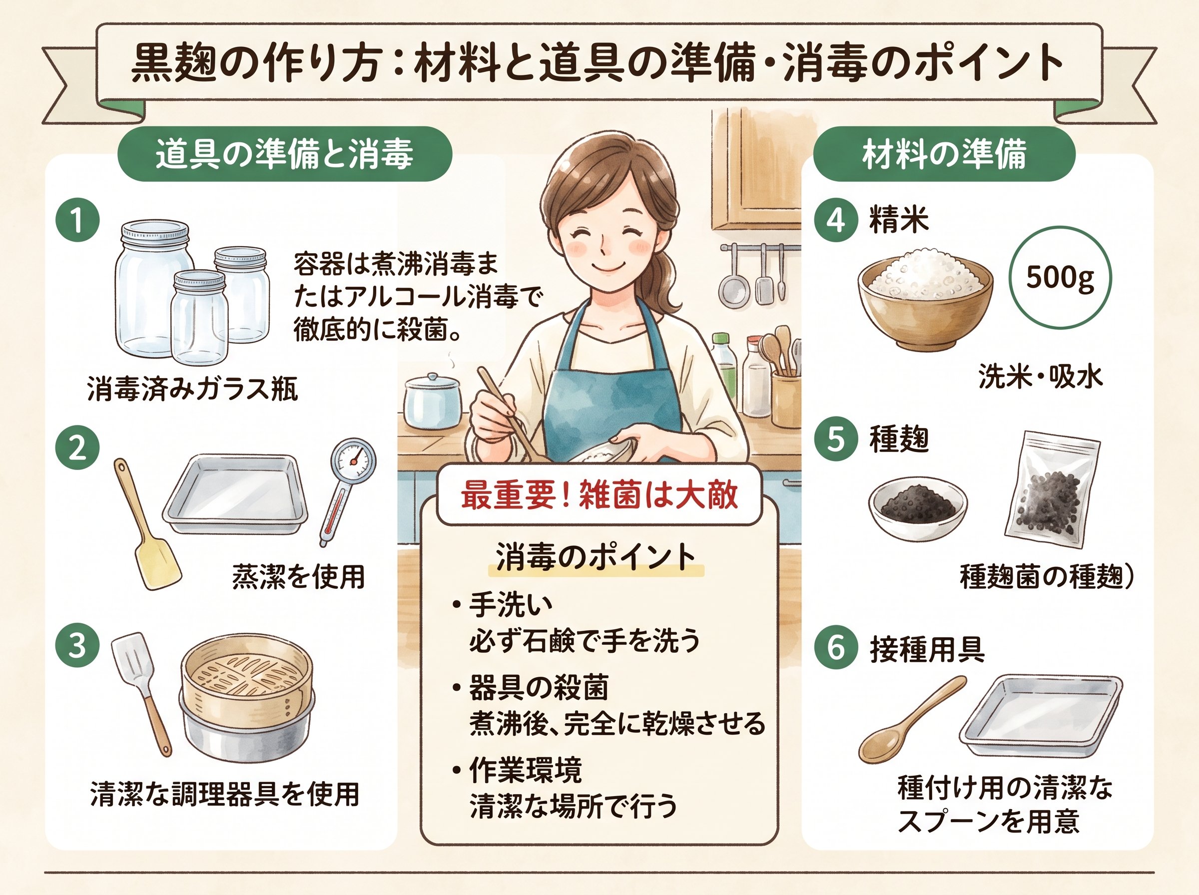 黒麹の作り方に必要な材料と道具の準備・消毒のポイント