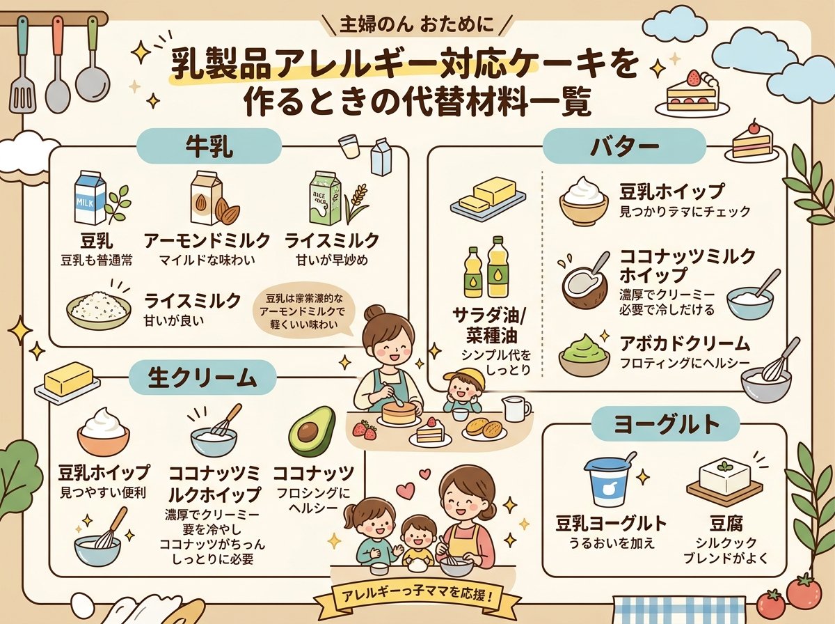 乳製品アレルギー対応ケーキを作るときの代替材料一覧
