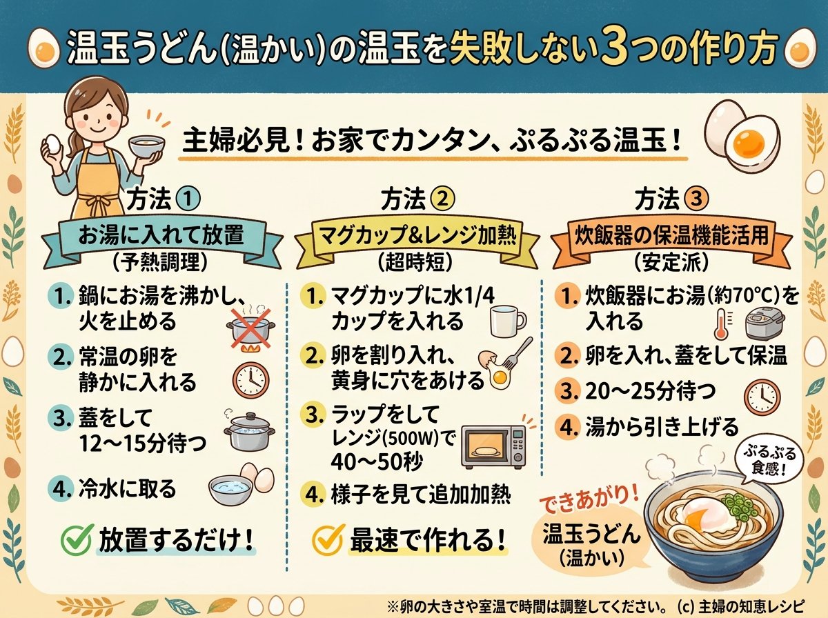 温玉うどん(温かい)の温玉を失敗しない3つの作り方