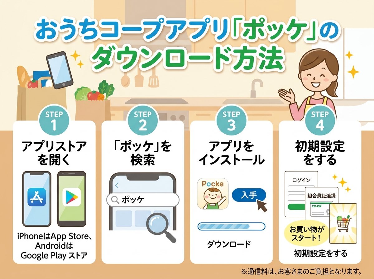 おうちコープアプリ「ポッケ」のダウンロード方法
