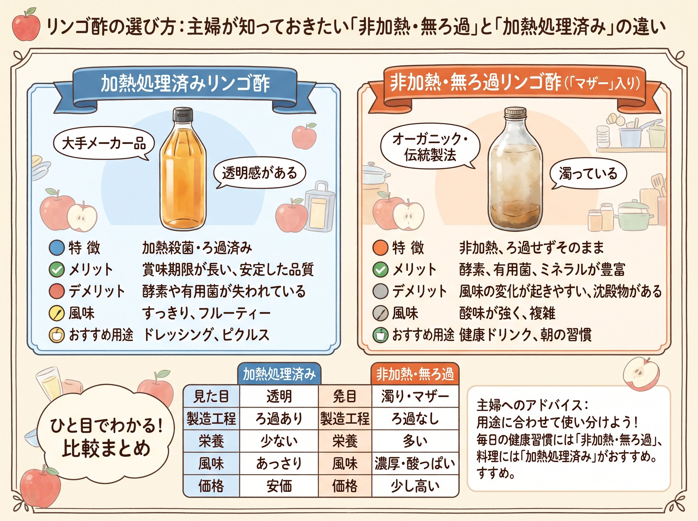 リンゴ酢の選び方:主婦が知っておきたい「非加熱・無ろ過」と「加熱処理済み」の違い