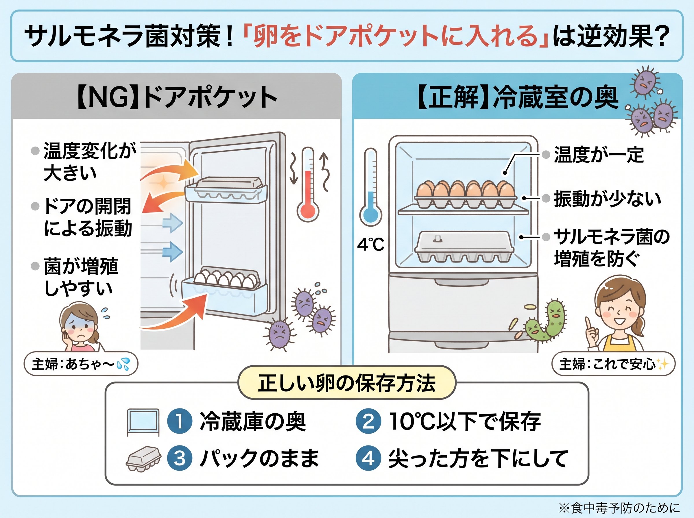 サルモネラ菌対策に「卵をドアポケットに入れる」は逆効果