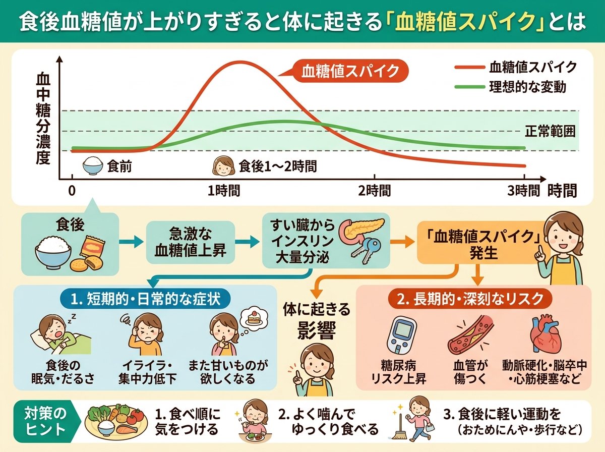 食後血糖値が上がりすぎると体に起きる「血糖値スパイク」とは
