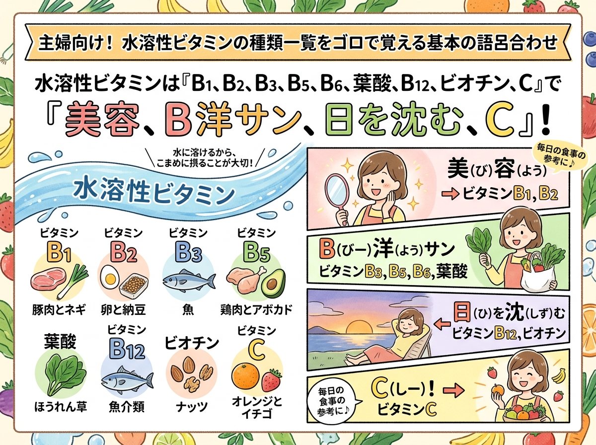 水溶性ビタミンの種類一覧をゴロで覚える基本の語呂合わせ