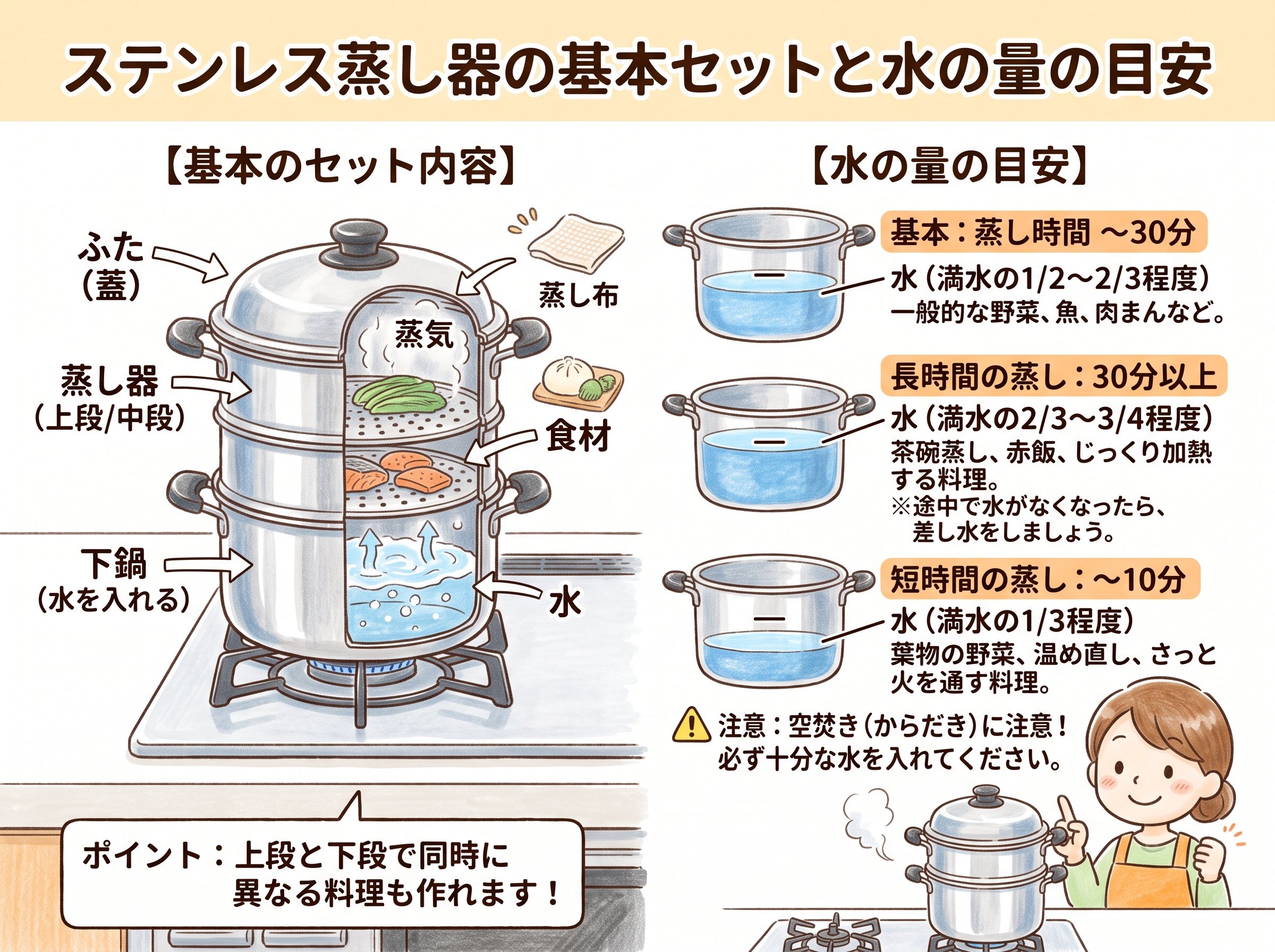 ステンレス蒸し器の基本セットと水の量の目安