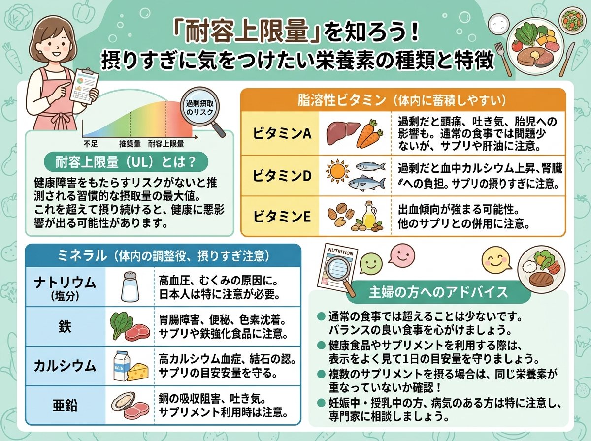 耐容上限量が設定されている栄養素の種類と特徴を簡単に確認する