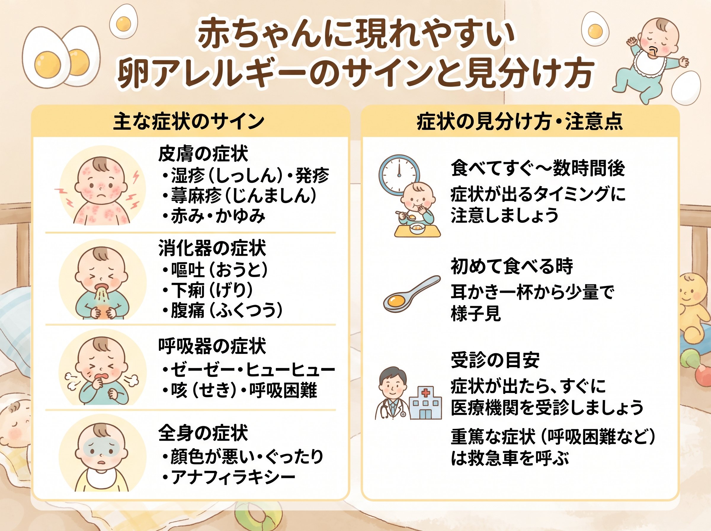 卵アレルギーの症状として赤ちゃんに現れやすいサインと見分け方
