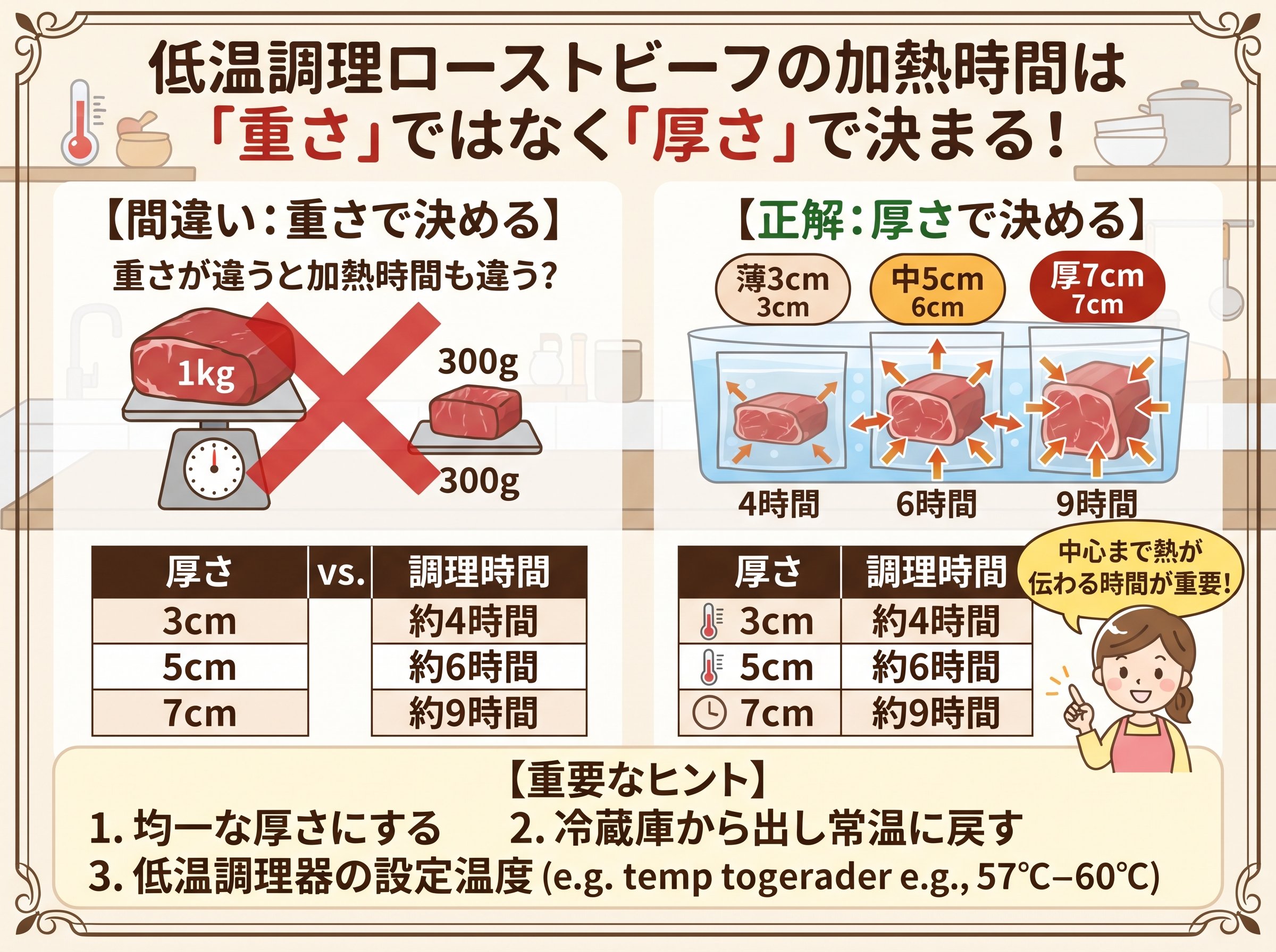 低温調理ローストビーフの加熱時間は「重さ」ではなく「厚さ」で決まる