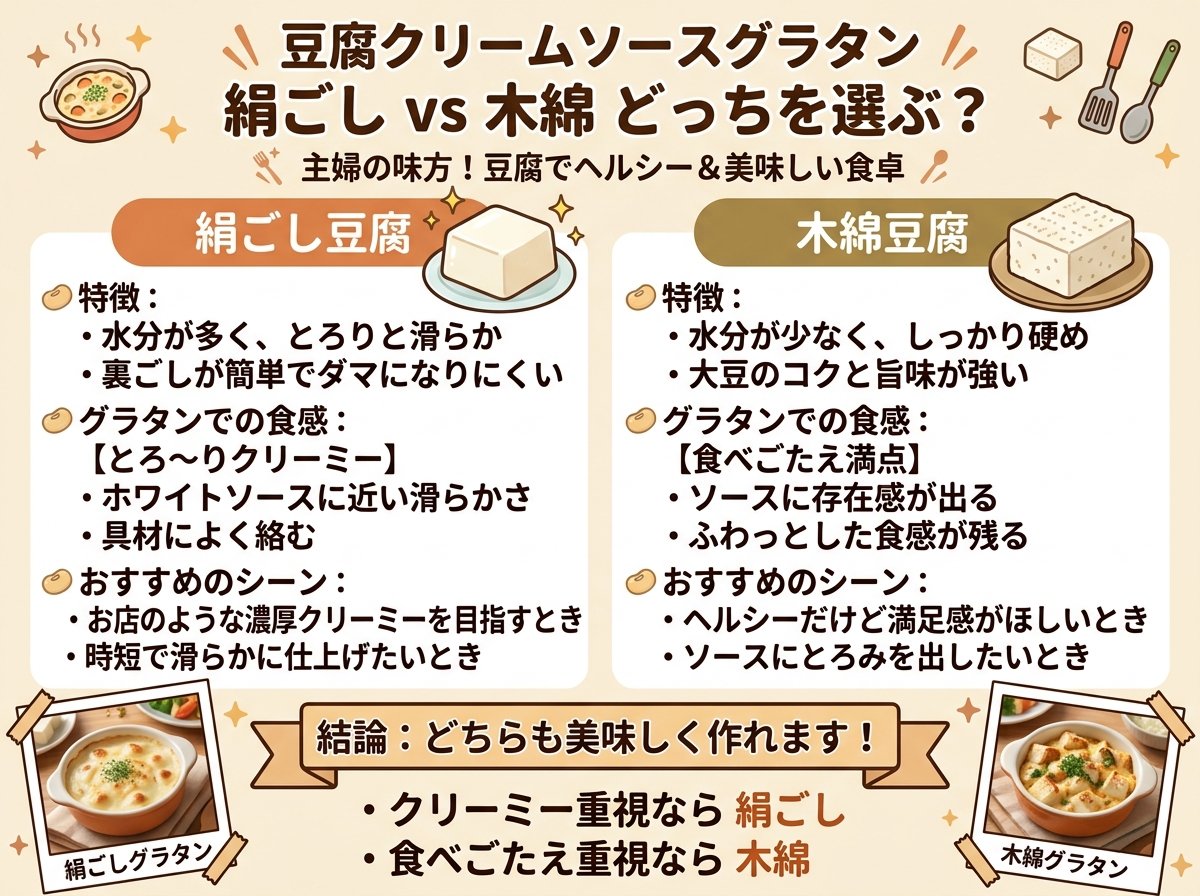 豆腐クリームソースグラタンに絹ごしと木綿、どっちを選ぶべきか