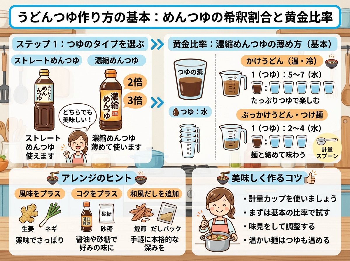 うどんつゆ作り方の基本:めんつゆの希釈割合と黄金比率