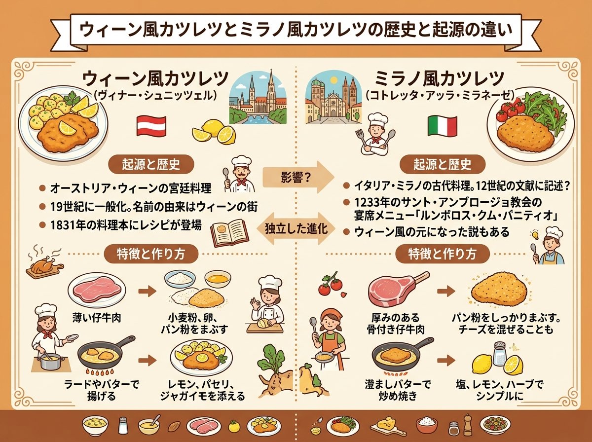 ウィーン風カツレツとミラノ風カツレツの歴史と起源の違い